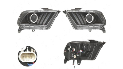 Far Ford Mustang, 02.2009-01.2015, fata, Stanga+Dreapta, doar tip halogen, semnalizare dinamica; cu LED indicator; H1; manual; negru, transparent; tuning; omologare: SAE, Taiwan