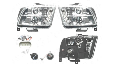 Far Ford Mustang, 09.2004-02.2009, fata, Stanga+Dreapta, cu fiber-optic Lampa pozitie; Tip= USA; H1+H1; manual; transparent, silver; tuning; omologare: SAE, Taiwan