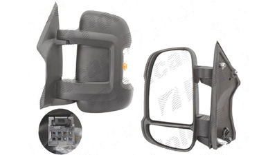 Oglinda exterioara Fiat Ducato (250) 09.2006-2021, Peugeot Boxer (250) 09.2006-2021, Citroen Jumper (250), 09.2006-2021, Stanga, reglare manuala; carcasa neagra; scurt; geam convex; cromat; mufa cu 8 gauri/2 pini; cu semnalizare galbena; brat scurt 9 cm