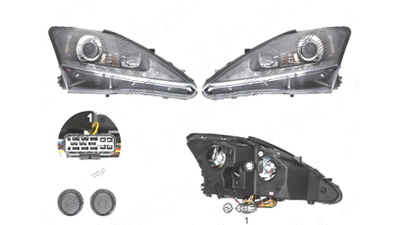 Far Lexus Is (Xe2), 11.2005-04.2013, fata, Stanga+Dreapta, xenon; lense; cu LED indicator; D2R+H1; manual/electric; negru; tuning; omologare: SAE, Taiwan