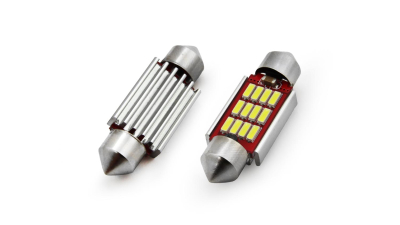 Set 2 becuri auto Amio LED, C5W SV8.5-8, 12SMD 4014, 2.9W, 39mm, Canbus, 12-24V, leduri alb sofit Festoon