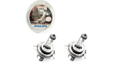 Set 2 becuri auto cu halogen pentru far Philips Vision Plus +60% mai multa lumina H4 12V 55W P43t-38